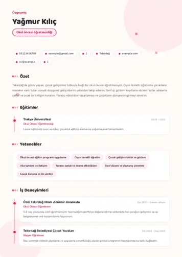 Okul Öncesi Öğretmeni Öğretmenliği Cv Örnekleri cv indir